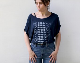 Bamboo and Organic Cotton Moon Phases Shirt in Navy Blue, Handprinted Off the Shoulder Top, Unique Minimalist Clothing Gift for Her