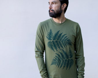 Fern Leaf Shirt, Mens Long Sleeved Cotton T Shirt, Gardening Clothing Gifts for Him, Botanical Nature Lover Screen Print, Graphic Tees Men