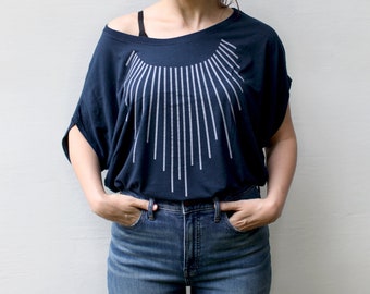 Minimalist Off the Shoulder Top in NAVY BLUE, Sun Collar Art Deco Print, Loose Fit Flowy Bamboo Shirt, Dressy Tops for Women