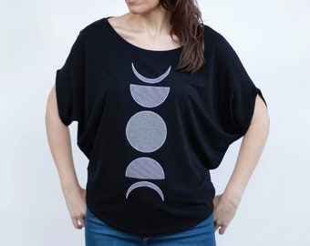 Minimalist Moon Phases Off The Shoulder Top, Eco-Friendly Bamboo Organic Cotton Shirt, Dolman Sleeve Blouse, Boho Clothing Gift for Her