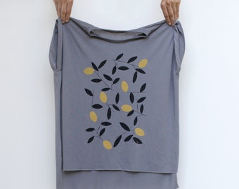 Women's Loose Fit Boho Top, Meyer Lemon Tree Screen Print T-shirt, Foodie Shirt, Handmade Clothing Gift for Her