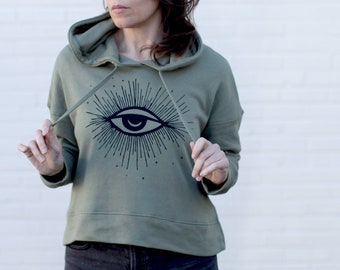 Third Eye Women's Hoodie in Army Green, Feminine Cropped Terrycloth Cotton Sweatshirt with Side Slits, Crescent Moon and Stars Screen Print