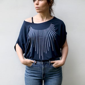 Minimalist Off the Shoulder Top in NAVY BLUE, Sun Collar Art Deco Print, Loose Fit Flowy Bamboo Shirt, Dressy Tops for Women