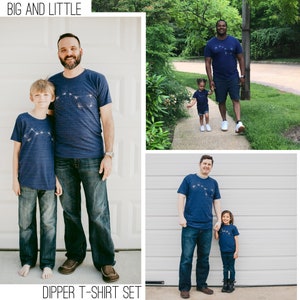 Big and Little Dipper matching Father Child t-shirt set in indigo blue. Men's t-shirt has the Big Dipper constellation printed across the chest. The child t-shirt has the Little Dipper print.