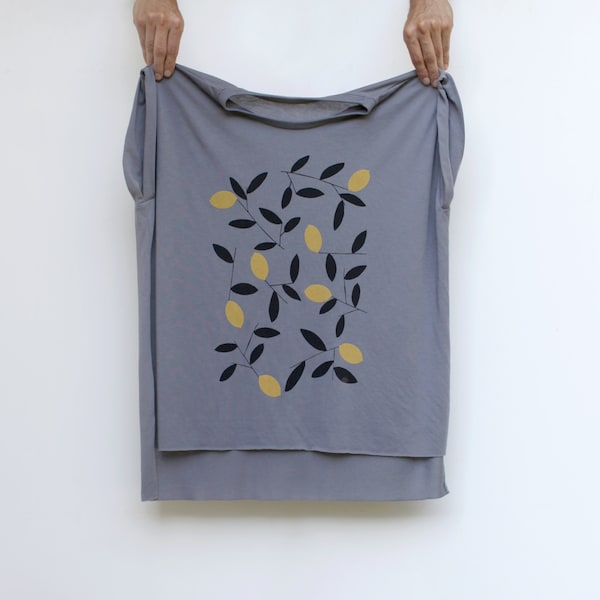 Women's Loose Fit Boho Top, Meyer Lemon Tree Screen Print T-shirt, Foodie Shirt, Handmade Clothing Gift for Her