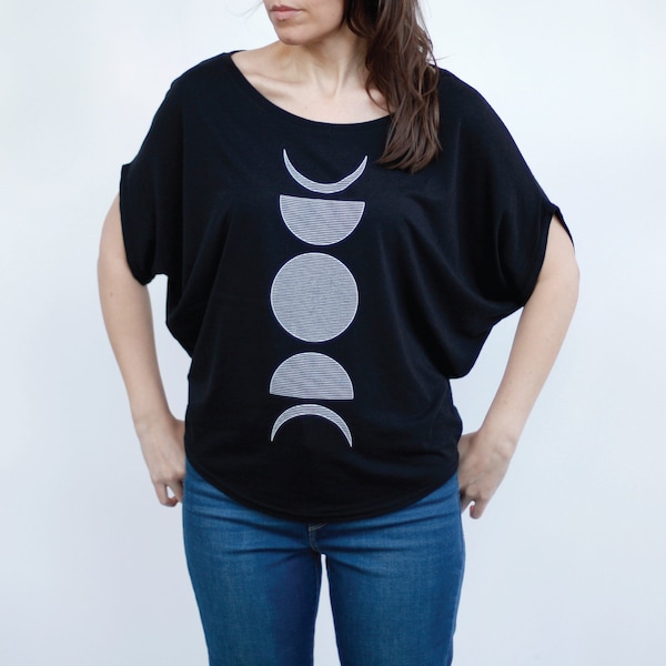 Minimalist Moon Phases Off The Shoulder Top, Eco-Friendly Bamboo Organic Cotton Shirt, Dolman Sleeve Blouse, Boho Clothing Gift for Her
