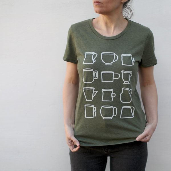 Pottery Lovers Ceramic Coffee Mugs T-Shirt, Women's Organic Cotton Blend Scoop Neck Screen Print Shirt, Handmade Clothing Gift for Potters