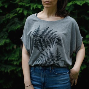 Off the Shoulder Relaxed Fit Boho Top, Fern Leaf Shirt, Eco-Friendly Bamboo Organic Cotton Blouse, Nature Lover Gift for Women