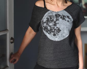 Hand-printed Full Moon Off the Shoulder Women's Sweatshirt, Spring Style Gift for Her