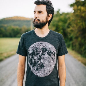 Hand-printed Full Moon Men's Graphic Tee in Tri-blend Black, Lunar Cycle Unisex Soft Style T-shirt