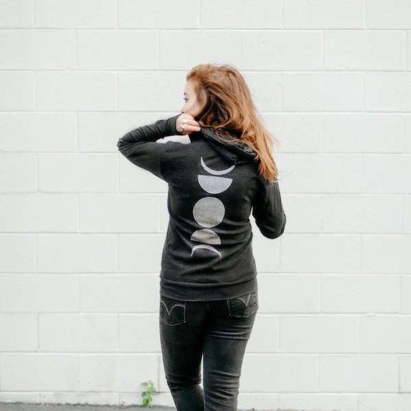Moon Phase Lightweight Zip Hoodie Black, Unisex Zip Up Black Sweatshirt, Fall Sweater, Unique Clothing Gifts for Him