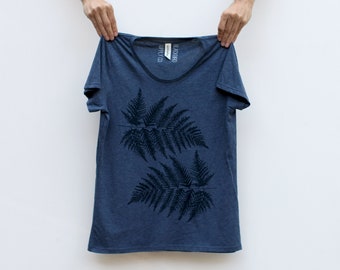 Navy Blue Forest Fern Leaves Scoop Neck Tee, Eco-Friendly T-Shirt for Women, Botanical Clothing Gift for Gardeners