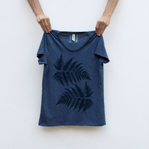 Navy Blue Forest Fern Leaves Scoop Neck Tee, Ecofriendly T Shirt for Women, Botanical Clothing Gift for Gardeners