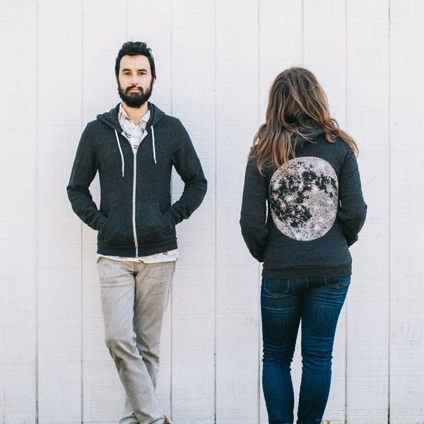 Full Moon Fleece Zip Up Hoodie, Celestial Moon Graphic Sweatshirt Gifts for Men, Black Unisex Hooded Sweatshirt