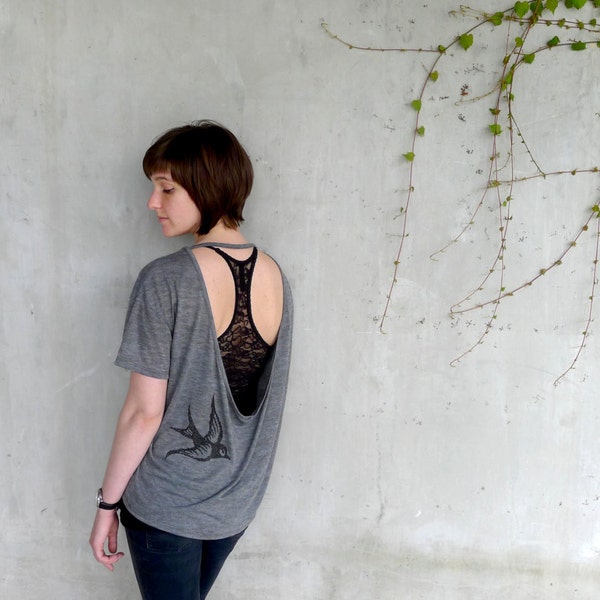 Graphic tee for women - tshirt women - birdcage print on open back pony tee - black and heather gray - One That Got Away - CLOSEOUT