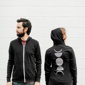 Moon Phase Lightweight Zip Hoodie Black, Unisex Zip Up Black Sweatshirt, Fall Sweater, Unique Clothing Gifts for Him image 9