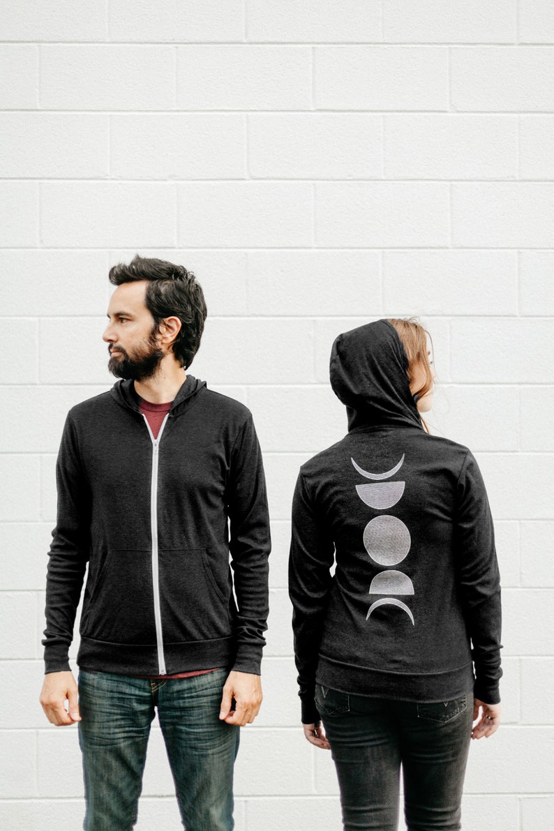 Moon Phase Lightweight Zip Hoodie Black, Unisex Zip Up Black Sweatshirt, Fall Sweater, Unique Clothing Gifts for Him image 9