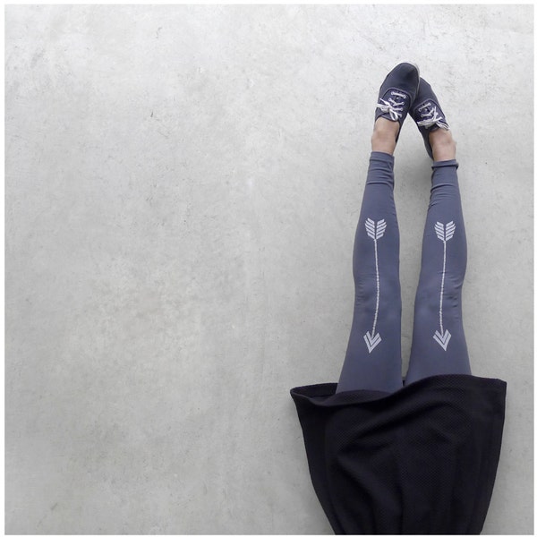 Artemis Leggings - high waisted leggings - chevron arrow print on womens asphalt gray jersey spandex - Blackbird Tees - CLOSEOUT