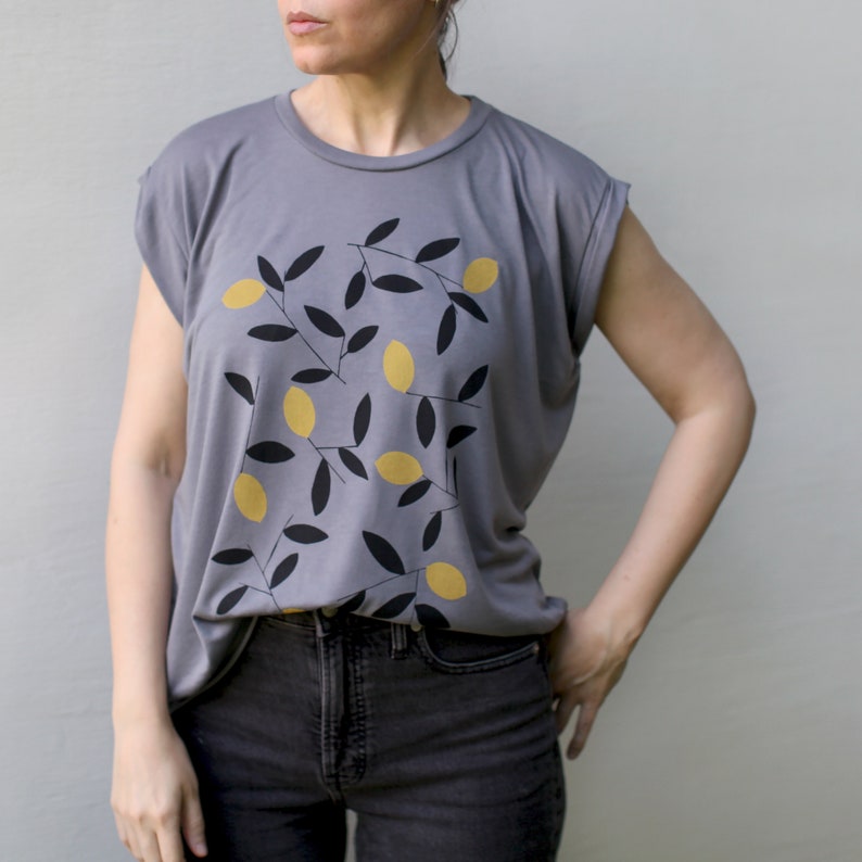 Women's Loose Fit Boho Top, Meyer Lemon Tree Screen Print T-shirt, Foodie Shirt, Handmade Clothing Gift for Her image 4