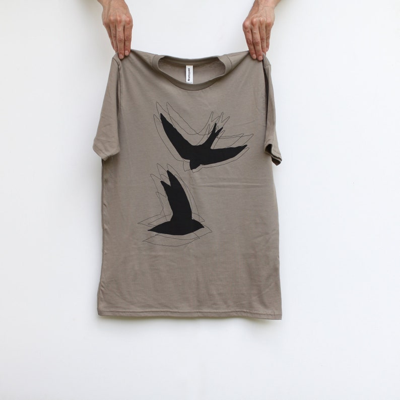 Retro Pair of Flying Blackbirds Chimney Swifts Silhouettes 100% Cotton Unisex Tee Light Brown, Made in the USA Mens Clothing Gift image 1