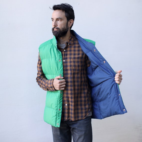 Reversible Men's Puffer Vest by Gerry, 1990s Unisex Outerwear, Button Down Thermal Vest in Navy Blue and Neon Green