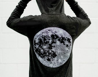 LIGHTWEIGHT Full Moon Zip Hoodie Men's Gifts, Unisex Boyfriend Fit Black Zip Up Hoodie, Solar System Print, Boho Clothing Gift for Women