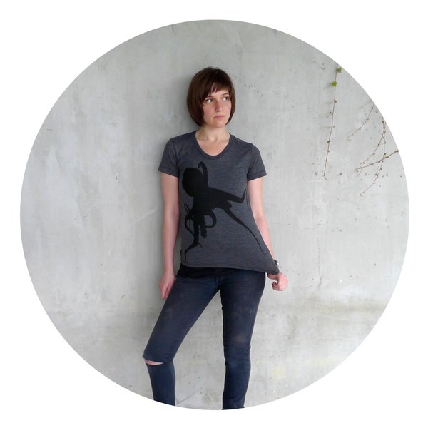 Sucker for Ink - womens t shirt / tshirt women - nautical octopus print on heather black - gift for her / for women - octopus shirt