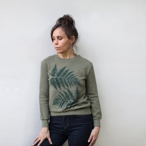 Forest Fern Leaves Women's Sweatshirt Army Green, Spring Clothing Gift, Lightweight Terrycloth Sweater, Eco-Friendly Nature Lover Shirt