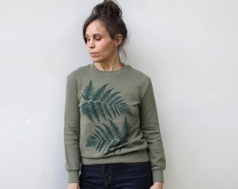 Forest Fern Leaves Women's Sweatshirt Army Green, Spring Clothing Gift, Lightweight Terrycloth Sweater, Eco-Friendly Nature Lover Shirt