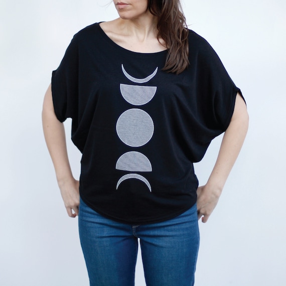 Women's Boho Moon Phases Off The Shoulder Top in Black, Sustainable Clothing Gift for Girlfriend