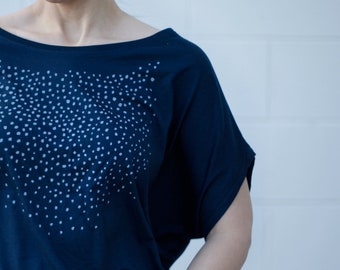 Sustainable Bamboo Organic Cotton Shirt, Off The Shoulder Top, Celestial Clothing, Meteor Shower Screen Print, Loose Fit Top Navy Blue