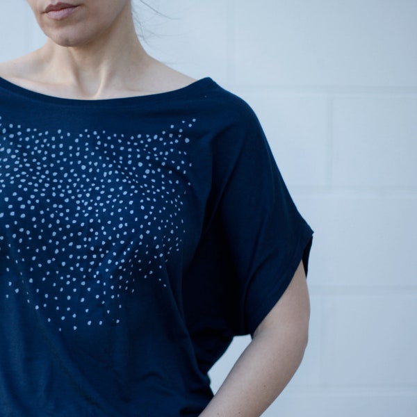 Sustainable Bamboo Organic Cotton Shirt, Off The Shoulder Top, Celestial Clothing, Meteor Shower Screen Print, Loose Fit Top Navy Blue