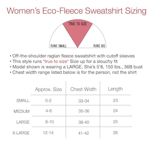Puede incluir: Tabla de tallas para sudaderas Women's Eco-Fleece. La tabla incluye tallas aproximadas, ancho de pecho en pulgadas y largo en pulgadas. Tambi&eacute;n incluye una nota sobre el ajuste y las medidas del modelo.