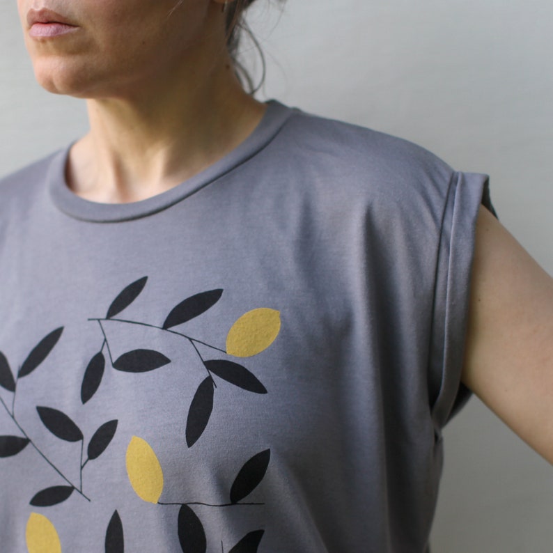 Women's Loose Fit Boho Top, Meyer Lemon Tree Screen Print T-shirt, Foodie Shirt, Handmade Clothing Gift for Her image 5