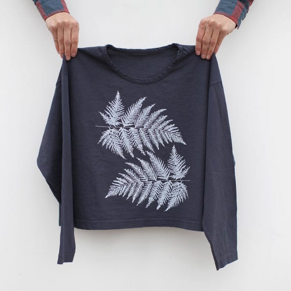 Fern Leaf Cyanotype Crop Top, Botanical Long Sleeve Shirt, Garment Dyed Cotton