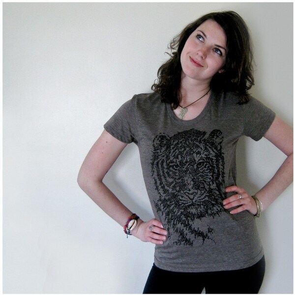 SALE - Easy, Tiger - womens t shirt - SMALL - tiger print on American Apparel heather brown track tshirt