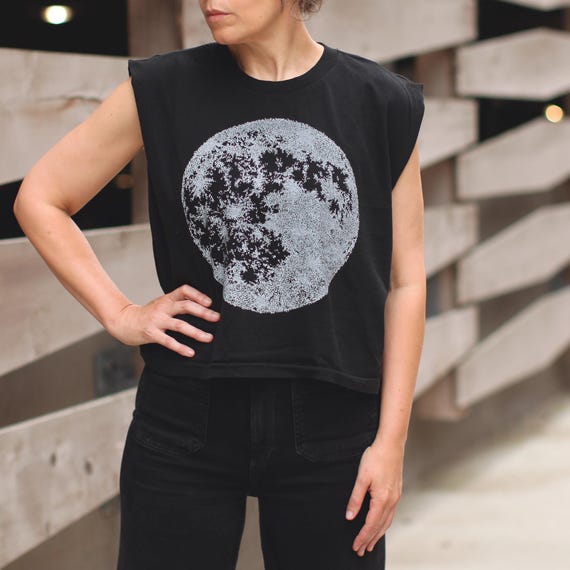 Full Moon Heavyweight Cotton Crop Muscle Tank, Minimalist Hand Screen-printed Women's Tops