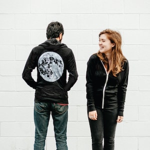 LIGHTWEIGHT Full Moon Unisex Zip Hoodie in Black, Handmade Spring Clothing Gift for Men or Women, Supermoon Hooded Sweatshirt