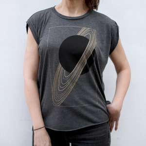 Women's Boho Clothing Gift for Her, Rings of Saturn T-shirt in Black and Gold, Loose Fit Flowy Muscle Tee Shirt, Solar System Astronomy Gift image 4