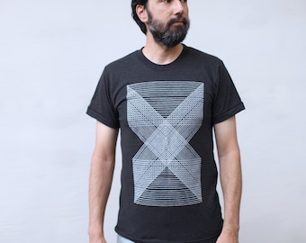 Minimalist Geometric Black and White Shirt, Hand-printed Clothing Gift for Him, Soft Crew Neck Tri-blend Graphic Tees Men