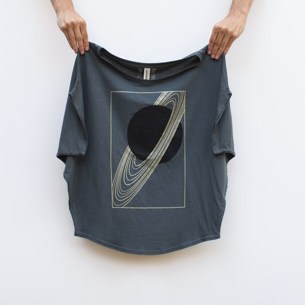 Rings of Saturn Planet Off the Shoulder Shirt, Fashion Gift for Her, Sustainable Clothing Bamboo Organic Cotton Top, Slouchy Fit Gray Blouse