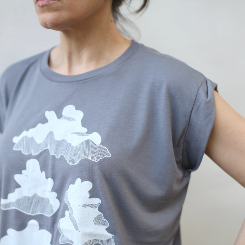 Women's Flowy Boho Top, Cloud Formations Screen Print T-shirt, PNW Shirt, Handmade Clothing Gift for Her, Cumulus Rain Clouds image 5