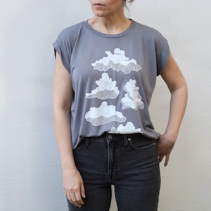Women's Flowy Boho Top, Cloud Formations Screen Print T-shirt, PNW Shirt, Handmade Clothing Gift for Her, Cumulus Rain Clouds image 4