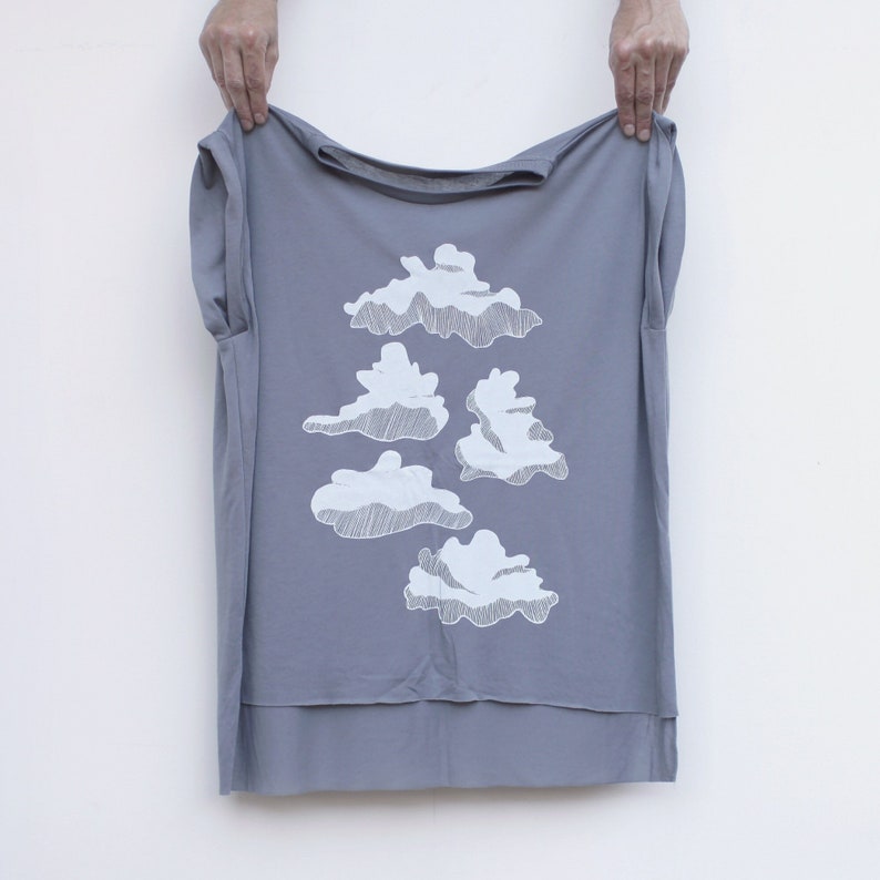 Women's Flowy Boho Top, Cloud Formations Screen Print T-shirt, PNW Shirt, Handmade Clothing Gift for Her, Cumulus Rain Clouds image 1