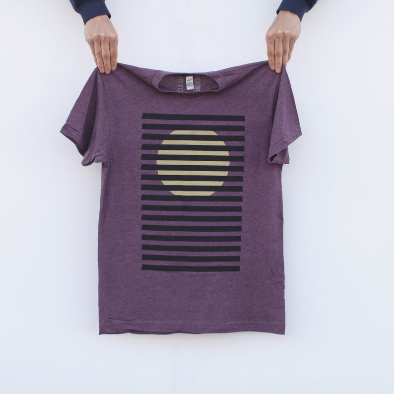 Minimalist Striped Rising Sun T-shirt, Modern Bauhaus Inspired Nature Print, Geometric Yellow Sun Graphic Tee, Men's Spring Clothing Gift image 1