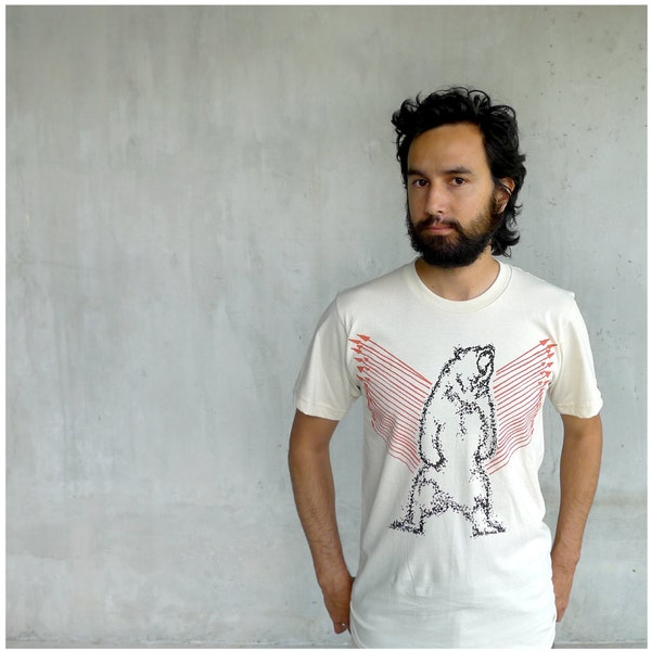 Ursa Major - mens tshirt - grizzly bear print with orange arrows on natural organic cotton t shirts - gift for him - S/M/L/XL