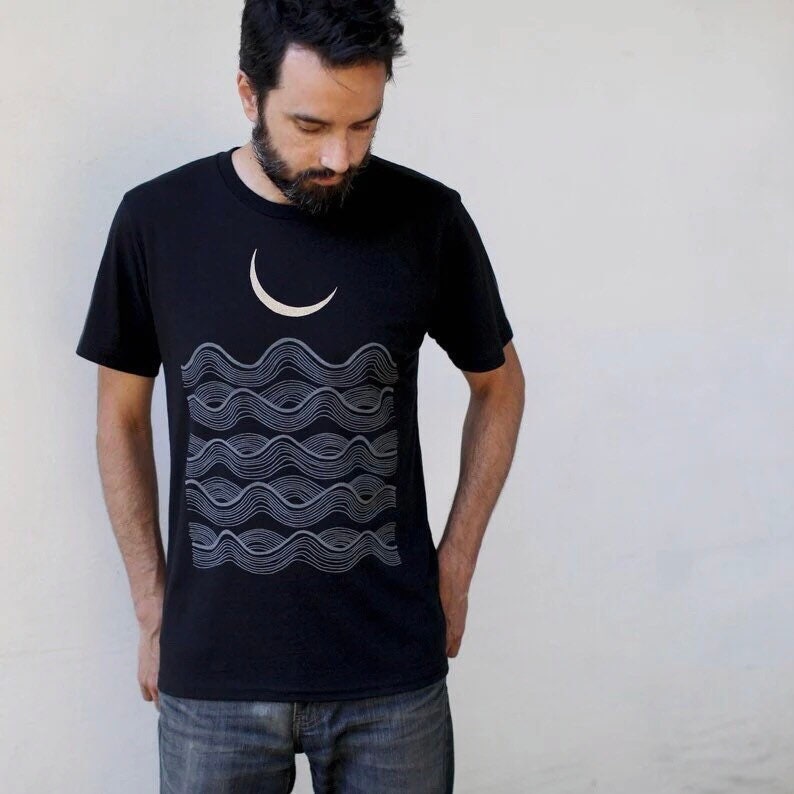 Full Fathoms Nautical T-shirt in BLACK, Ocean Waves and Crescent Moon Screenprint Graphic Tee Shirt image 1