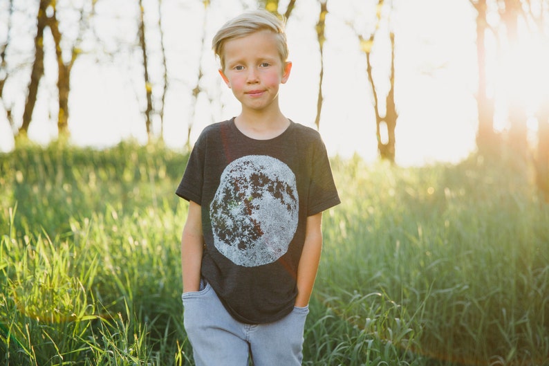 Full Moon Astronomy Solar System Kids T-shirt Black, Hand Screen Printed Made in USA, Clothing Gifts for Kids, Blackbirdsupply image 1