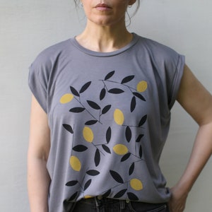 Women's Loose Fit Boho Top, Meyer Lemon Tree Screen Print T-shirt, Foodie Shirt, Handmade Clothing Gift for Her image 6