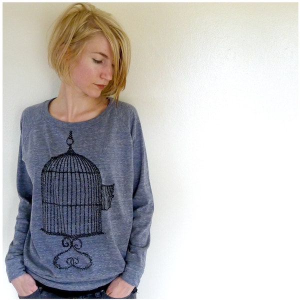 One That Got Away - mothers day gift - womens pullover - MEDIUM - birdcage print on Alternative Apparel eco navy